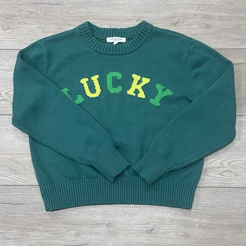 Lucky Knit Sweater Green Cropped Preppy Y2K  Patrick's Day Size Medium